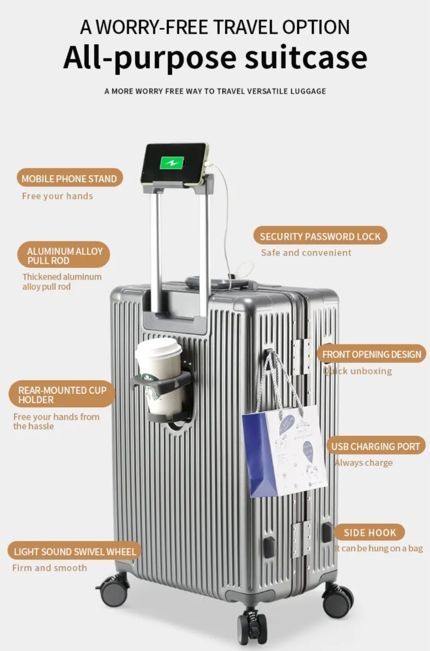 Silver luggage with phone